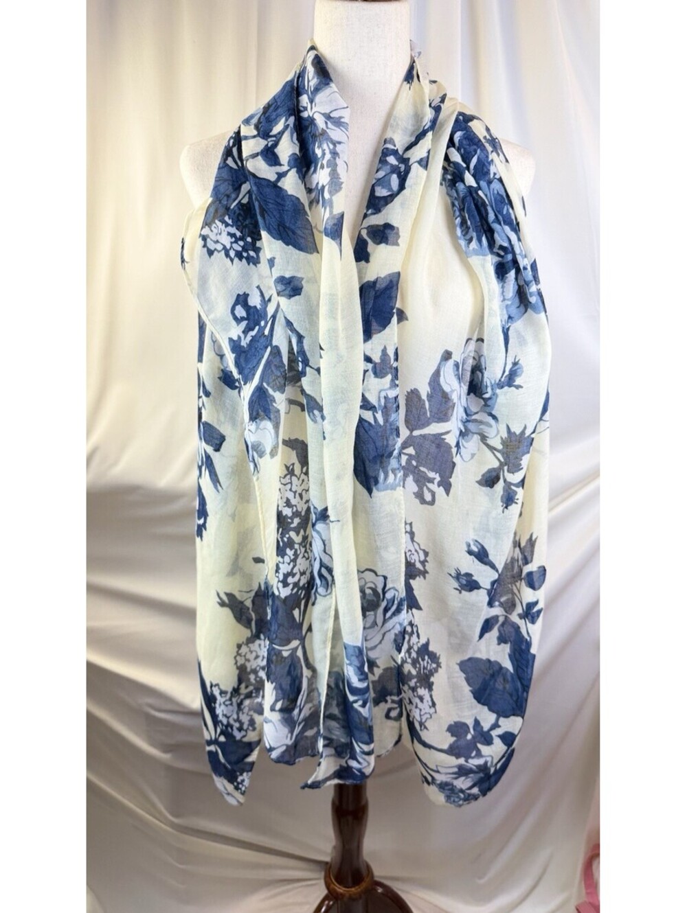 Blue Cream Floral Sheer Rectangular Scarf 36 X 72 Feminine Classic